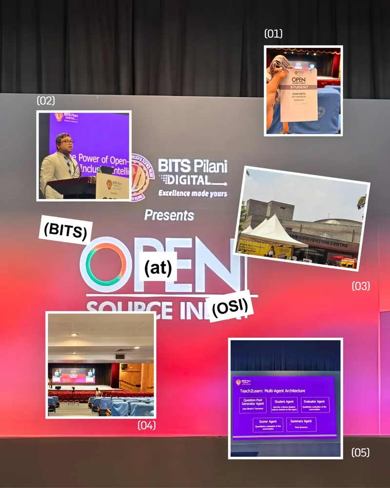 Open Source India collage: the BITS Pilani Digital stage, Ojash's student badge, NIMHANS Convention Centre, the auditorium, and a Teach2Learn multi-agent architecture slide