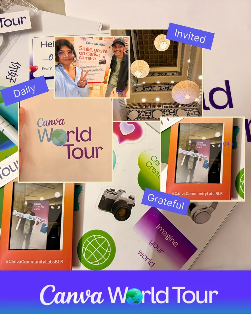 Canva World Tour collage: the event booklet, a selfie at the Canva camera board, the venue atrium, and Community Labs Bengaluru photo frames