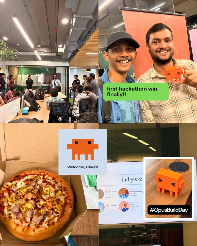 Collage from Opus Build Day: the room during judging, Ojash with a judge holding an orange Claw'd figure captioned 'first hackathon win. finally!!', the judges slide, and pizza