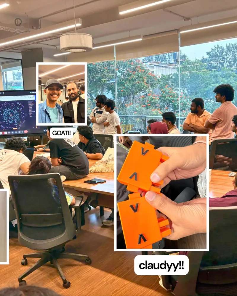 Opus Build Day: people watching a demo on a large screen, a selfie captioned 'GOAT!!', and two orange Claw'd figures captioned 'claudyy!!'